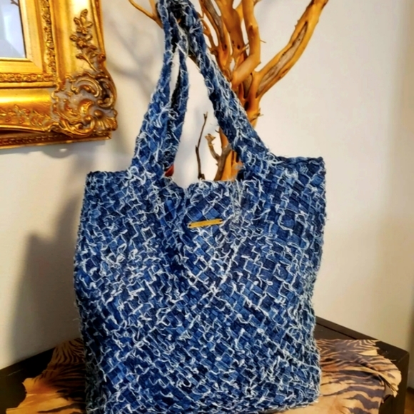 MONSERAT DE LUCCA Faded Denim Woven Tote RaRe** - Picture 2 of 10